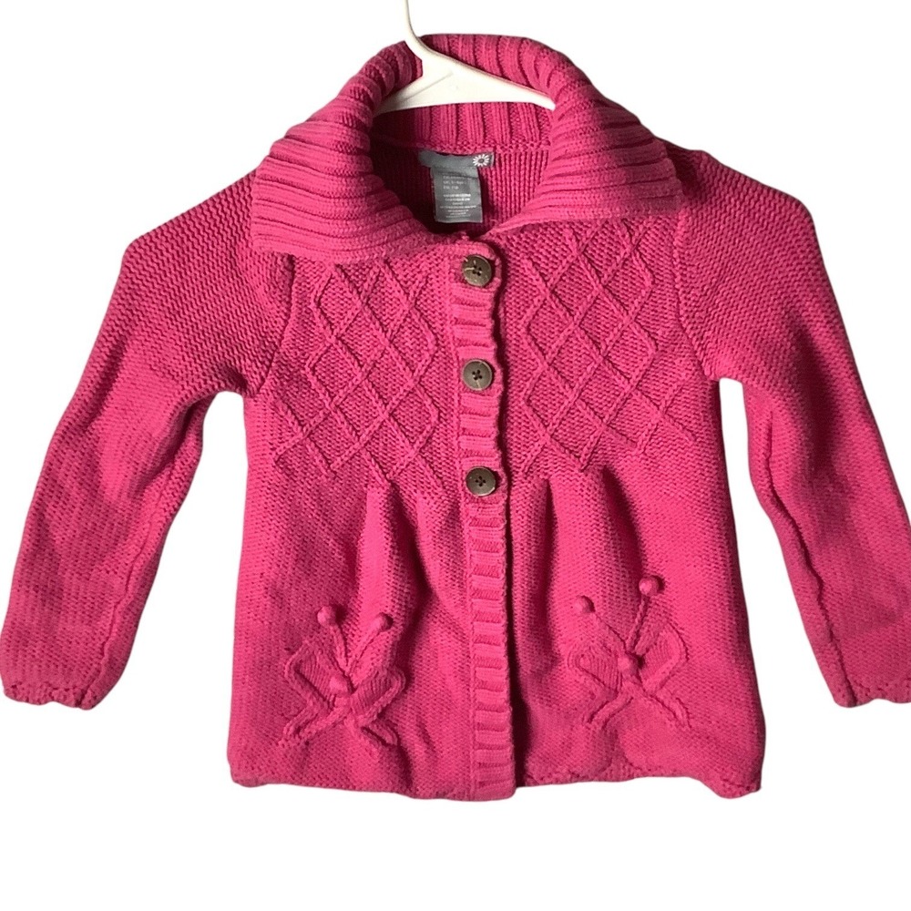 Knit Cardigan Sweater Girls Size M 5-6 Pink Diamond Pattern Button Front